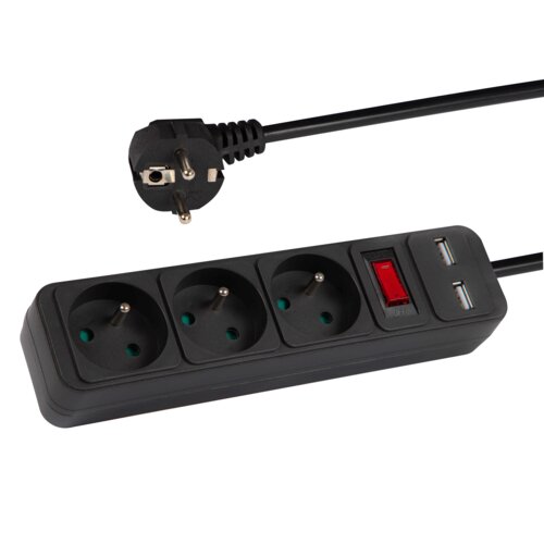 Przedłużacz listwa zasilająca włącznik 2x USB 3 gniazda 3m czarna mocna