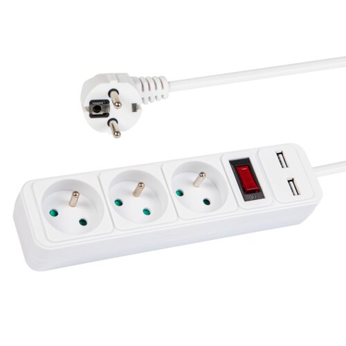 Przedłużacz listwa zasilająca 1,5m 3 gniazda z uziemieniem wyłącznik 2x USB