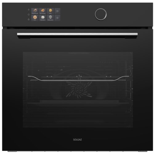 Czarny piekarnik elektryczny z panelem dotykowym, na którym widoczne są ikony i napisy: "Piekarnik", "Termoobieg", "Auto", "Specjalne", "Arty", "Ustawienia". Na drzwiach piekarnika znajduje się logo "SOLGAZ".