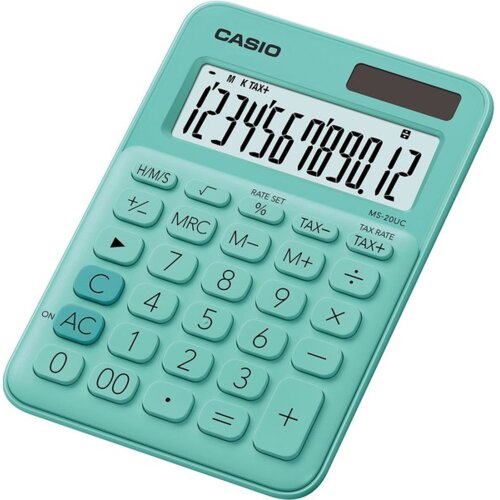 Kalkulator CASIO MS-20UC-GN-S Zasilanie bateryjno-słoneczne, 3 pamięci Zielony