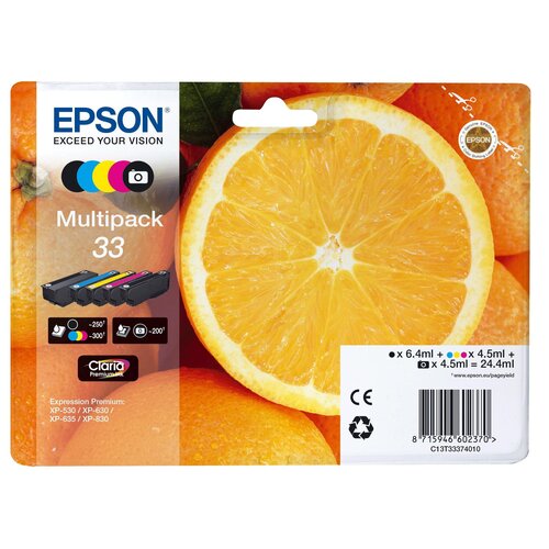 Zestaw tuszów EPSON 33 Czarny 6.4 ml, Błękitny 4.5 ml, Purpurowy 4.5 ml, Żółty 4.5 ml, Czarny fotograficzny 4.5 ml C13T33374011
