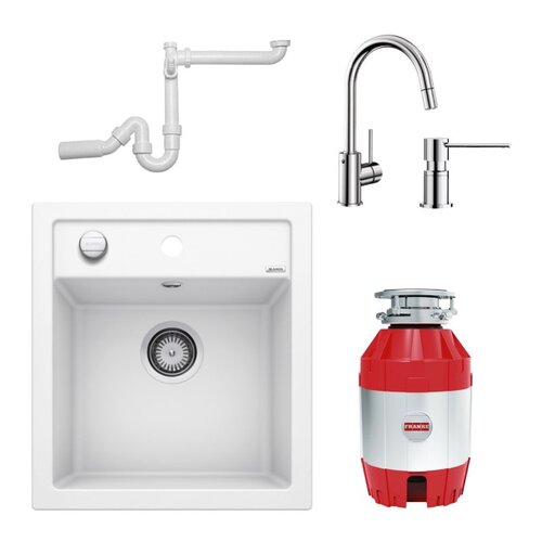 Zlewozmywak BLANCO Dalago 45 + Bateria BLANCO Mida-S + Młynek do rozdrabniania odpadów FRANKE Turbo Elite + Dozownik BLANCO Lato + Syfon do zlewozmywaków BLANCO
