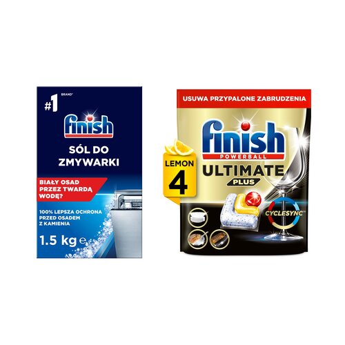 Sól do zmywarek FINISH  1.5 kg + Kapsułki do zmywarek FINISH Powerball Ultimate Plus All In 1 Lemon - 4 szt.