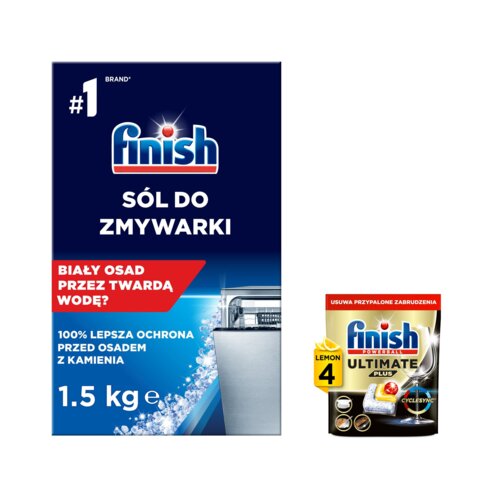 Sól do zmywarek FINISH  1.5 kg + Kapsułki do zmywarek FINISH Powerball Ultimate Plus All In 1 Lemon - 4 szt.