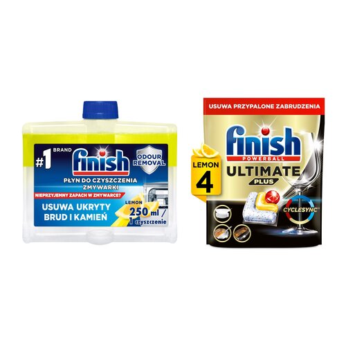 Płyn do czyszczenia zmywarek FINISH Lemon 250 ml + Kapsułki do zmywarek FINISH Powerball Ultimate Plus All In 1 Lemon - 4 szt.