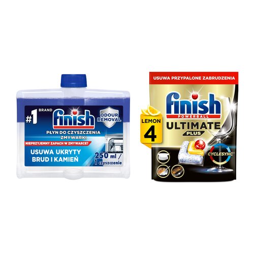 Płyn do czyszczenia zmywarek FINISH Regular 250 ml + Kapsułki do zmywarek FINISH Powerball Ultimate Plus All In 1 Lemon - 4 szt.
