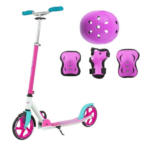 Hulajnoga dla dzieci MILLY MALLY Buzz Różowy + Kask VÖGEL VOK-650S Fioletowy dla Dzieci (Rozmiar S) + Zestaw ochraniaczy