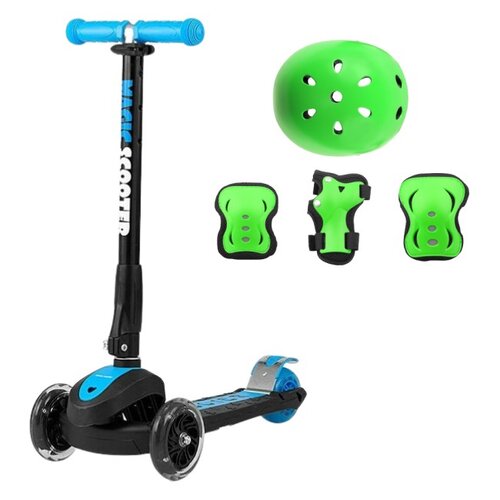 Hulajnoga dla dzieci MILLY MALLY Scooter Magic Niebieski + Kask VÖGEL VOK-650S Zielony Dla dzieci (Rozmiar S/M) + Zestaw ochraniaczy