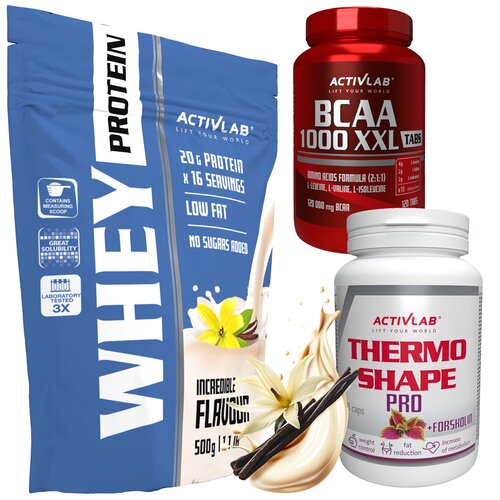 Zestaw wspomagający redukcję ACTIVLAB Odżywka białkowa Whey Protein WPC 85 Waniliowy (500 g) Bez cukru + Spalacz tłuszczu Thermo Shape Pro (60 kapsułek) + Aminokwasy BCAA 1000 XXL (120 tabletek)