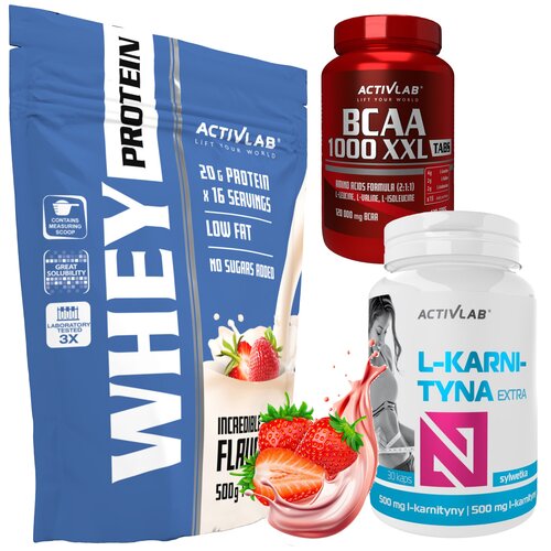 Zestaw wspomagający redukcję ACTIVLAB Odżywka białkowa Whey Protein WPC 85 Truskawkowy (500 g) Bez cukru + Spalacz tłuszczu L-Karnityna Extra (30 kapsułek) + Aminokwasy BCAA 1000 XXL (120 tabletek)