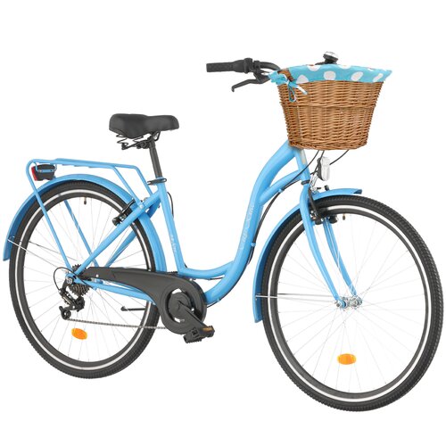 Rower miejski DAWSTAR Citybike S7B 28 cali damski Niebieski + Koszyk wiklinowy na rower VÖGEL VKS-502 Stylowy + Wkład do koszyka VÖGEL VKSC705MTV Błękitno-biały
