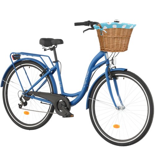 Rower miejski DAWSTAR Citybike S7B 28 cali damski Granatowy + Koszyk wiklinowy na rower VÖGEL VKS-502 Stylowy + Wkład do koszyka VÖGEL VKSC705MTV Błękitno-biały