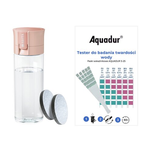 Butelka filtrująca BRITA Vital Różowy + 2 filtry MicroDisc + Paskowy tester twardości wody AQUADUR 5-25 (5 szt.)