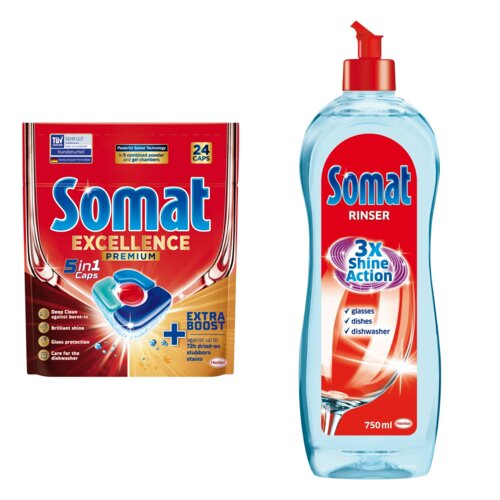 Tabletki do zmywarek SOMAT Excellence Premium 5w1 - 24 szt. + Nabłyszczacz do zmywarek SOMAT Rinser 750 ml