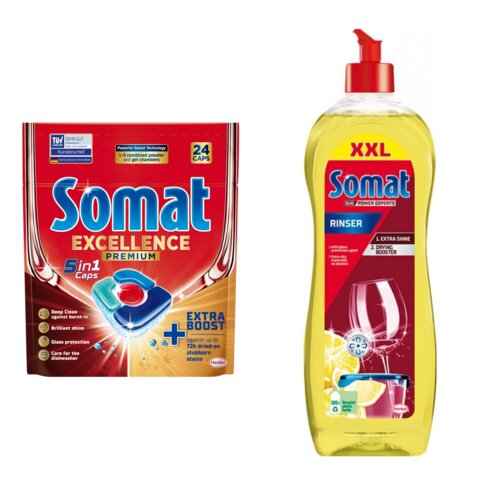 Tabletki do zmywarek SOMAT Excellence Premium 5w1 - 24 szt. + Nabłyszczacz do zmywarek SOMAT Lemon & Lime 750 ml
