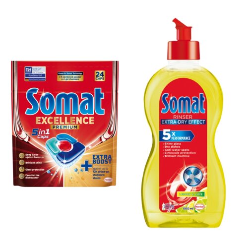 Tabletki do zmywarek SOMAT Excellence Premium 5w1 - 24 szt. + Nabłyszczacz do zmywarek SOMAT Lemon & Lime 500 ml