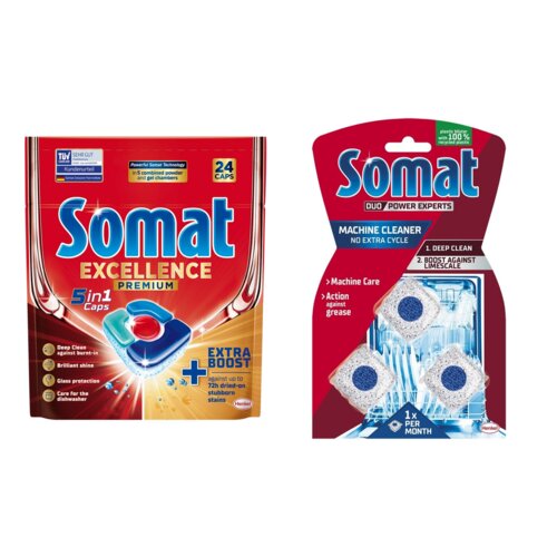 Tabletki do zmywarek SOMAT Excellence Premium 5w1 - 24 szt. + Kapsułki do czyszczenia zmywarki SOMAT Machine Cleaner - 3 szt.