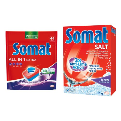 Tabletki do zmywarek SOMAT All In One Extra - 44 szt. + Sól do zmywarek SOMAT 1.5 kg
