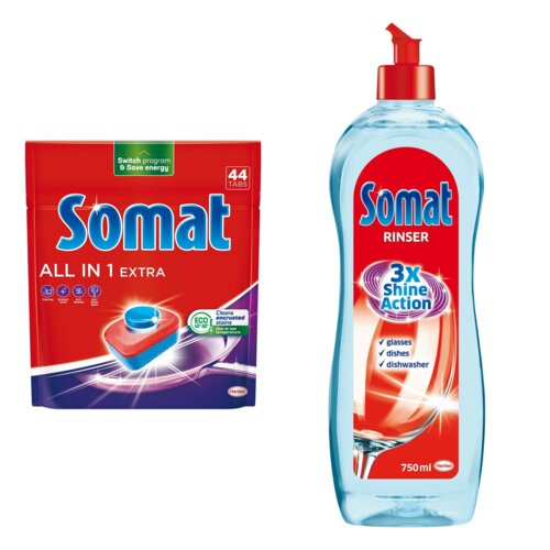 Tabletki do zmywarek SOMAT All In One Extra - 44 szt. + Nabłyszczacz do zmywarek SOMAT Rinser 750 ml