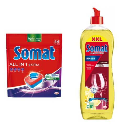 Tabletki do zmywarek SOMAT All In One Extra - 44 szt. + Nabłyszczacz do zmywarek SOMAT Lemon & Lime 750 ml