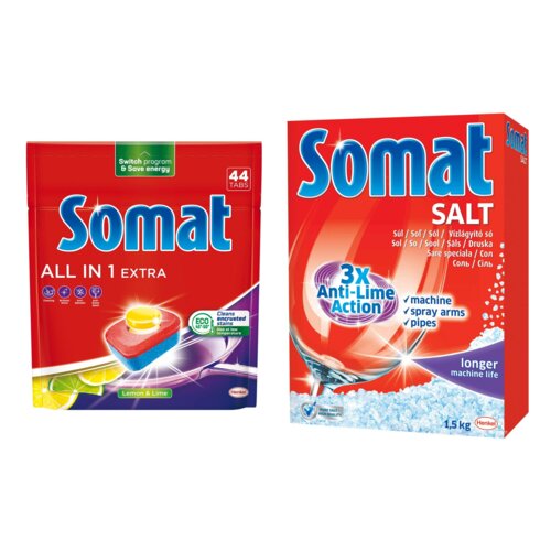 Tabletki do zmywarek SOMAT All In One Extra Lemon - 44 szt. + Sól do zmywarek SOMAT 1.5 kg