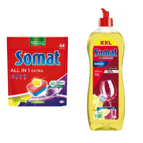Tabletki do zmywarek SOMAT All In One Extra Lemon - 44 szt. + Nabłyszczacz do zmywarek SOMAT Lemon & Lime 750 ml