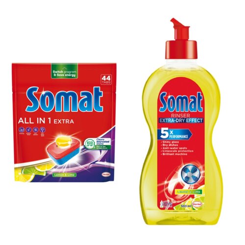 Tabletki do zmywarek SOMAT All In One Extra Lemon - 44 szt. + Nabłyszczacz do zmywarek SOMAT Lemon & Lime 500 ml