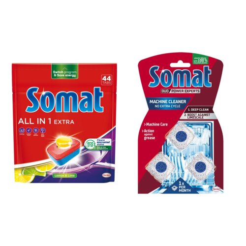 Tabletki do zmywarek SOMAT All In One Extra Lemon - 44 szt. + Kapsułki do czyszczenia zmywarki SOMAT Machine Cleaner - 3 szt.