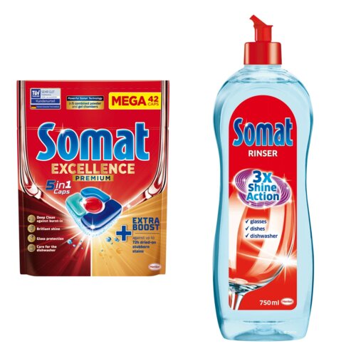 Tabletki do zmywarek SOMAT Excellence Premium 5w1 - 42 szt. + Nabłyszczacz do zmywarek SOMAT Rinser 750 ml