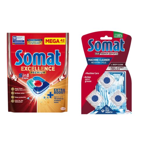 Tabletki do zmywarek SOMAT Excellence Premium 5w1 - 42 szt. + Kapsułki do czyszczenia zmywarki SOMAT Machine Cleaner - 3 szt.