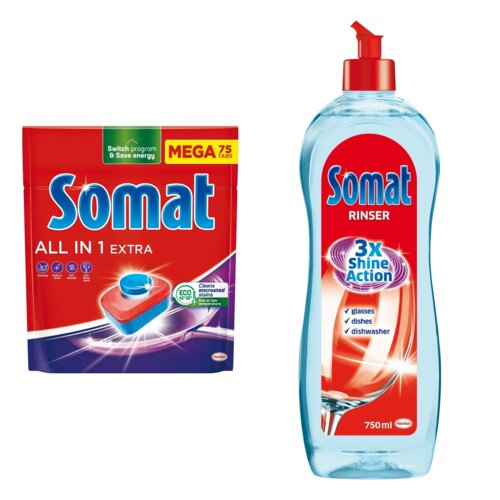 Tabletki do zmywarek SOMAT All In One Extra - 75 szt. + Nabłyszczacz do zmywarek SOMAT Rinser 750 ml