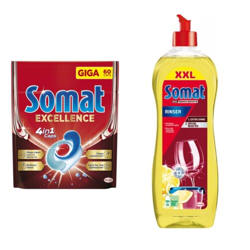 Tabletki do zmywarki SOMAT Excellence 4 in 1 - 60 szt. + Nabłyszczacz do zmywarek SOMAT Lemon & Lime 750 ml