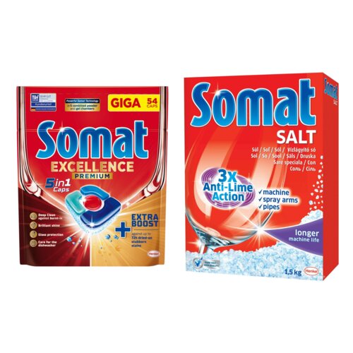 Tabletki do zmywarek SOMAT Excellence Premium 5w1 - 54 szt. + Sól do zmywarek SOMAT 1.5 kg