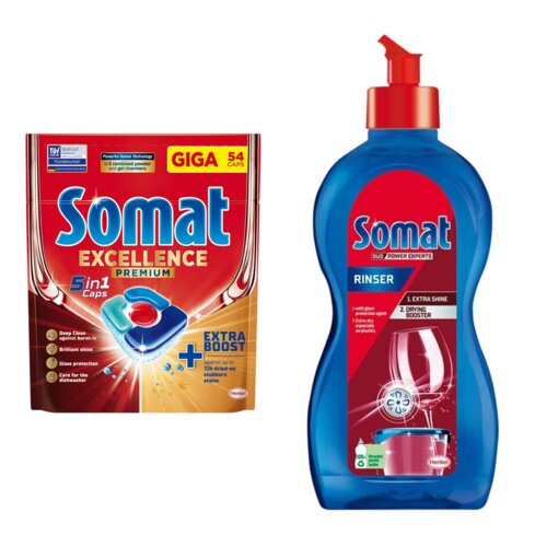 Tabletki do zmywarek SOMAT Excellence Premium 5w1 - 54 szt. + Nabłyszczacz do zmywarek SOMAT Original 500 ml