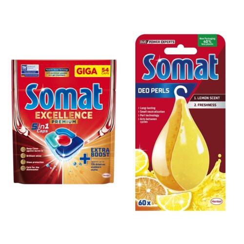 Tabletki do zmywarek SOMAT Excellence Premium 5w1 - 54 szt. + Odświeżacz do zmywarek SOMAT Somat Deo Lemon