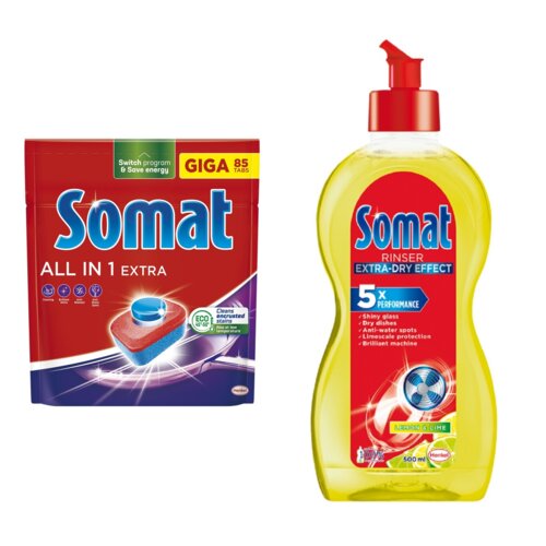 Tabletki do zmywarek SOMAT All In One Extra - 85 szt. + Nabłyszczacz do zmywarek SOMAT Lemon & Lime 500 ml