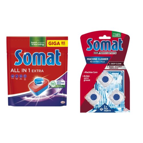 Tabletki do zmywarek SOMAT All In One Extra - 85 szt. + Kapsułki do czyszczenia zmywarki SOMAT Machine Cleaner - 3 szt.