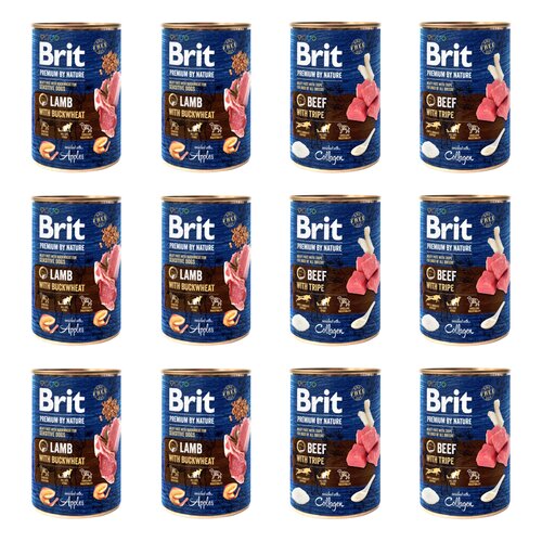 Karma dla psa BRIT Mix smaków Premium By Nature Lamb&Buckwheat Jagnięcina z gryką, Wołowina z podrobami 12 x 400 g