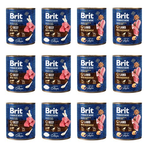 Karma dla psa BRIT Premium by Nature Mix smaków Wołowina z flakami, Jagnięcina z kaszą gryczaną 12 x 800 g