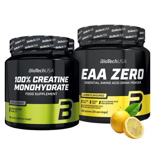 Aminokwasy EAA BIOTECH Zero Cytrynowy (350 g) + Monohydrat kreatyny BIOTECH 100% Creatine Monohydrate (300 g)