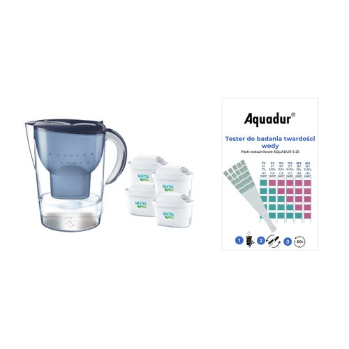 Dzbanek filtrujący BRITA Marella XL Niebieski + 4 wkłady Pure Peformance Pro + Paskowy tester twardości wody AQUADUR 5-25 (5 szt.)