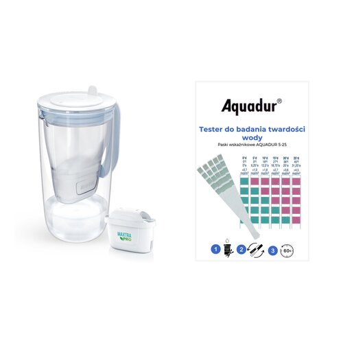 Dzbanek filtrujący BRITA Glass + Wkład Maxtra Pro Pure Performance + Paskowy tester twardości wody AQUADUR 5-25 (5 szt.)