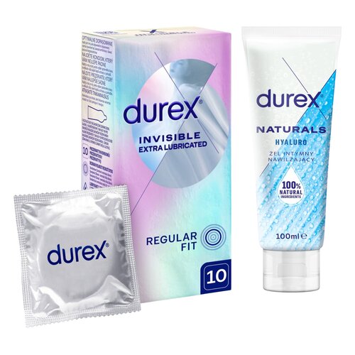Prezerwatywy DUREX Invisible Extra Lubricated (10 szt.) + Żel intymny DUREX Naturals Hyaluro 100 ml