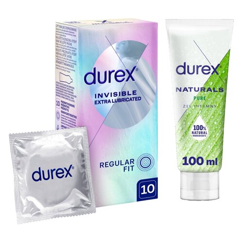 Prezerwatywy DUREX Invisible Extra Lubricated (10 szt.) + Żel intymny DUREX Naturals Pure 100 ml