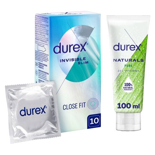 Prezerwatywy DUREX Invisible Slim Close Fit (10 szt.) + Żel intymny DUREX Naturals Pure 100 ml