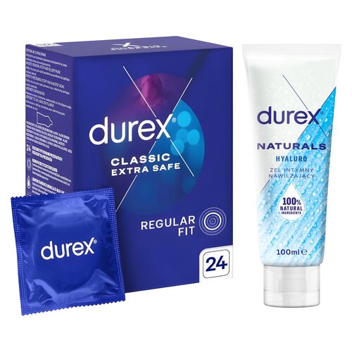 Prezerwatywa DUREX Classic Extra Safe (24 szt.) + Żel intymny DUREX Naturals Hyaluro 100 ml