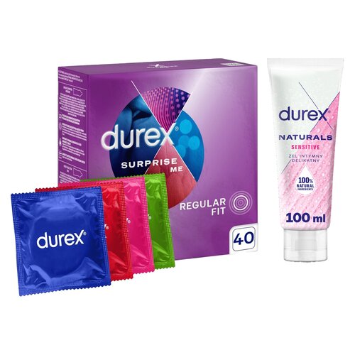 Prezerwatywa DUREX Surprise Me Mix (40 szt.) + Żel intymny DUREX Sensitive 100 ml