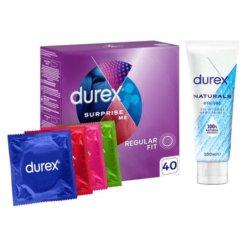 Prezerwatywa DUREX Surprise Me Mix (40 szt.) + Żel intymny DUREX Naturals Hyaluro 100 ml