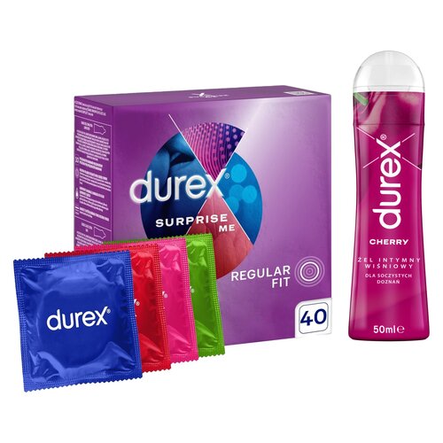 Prezerwatywa DUREX Surprise Me Mix (40 szt.) + Żel intymny DUREX Wiśniowy 50 ml