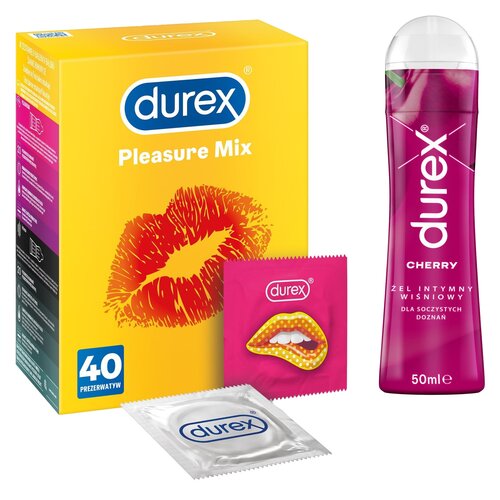Prezerwatywa DUREX Pleasure Mix (40 szt.) + Żel intymny DUREX Wiśniowy 50 ml